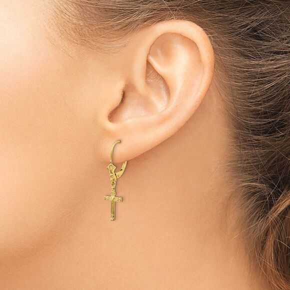 13mm Textured Cross with Heart Lever Back Earrings in 14k Yellow Gold - Picture 3 of 5